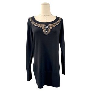 Motto Black Long Sleeve‎ Beaded Lace Jeweled Sweater Womens Medium
